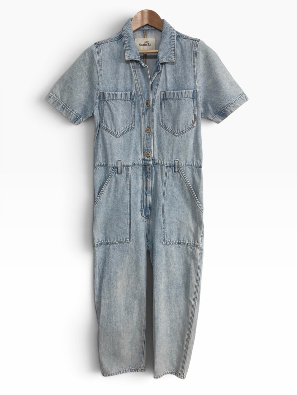 Nanushka Arlo Denim Jumpsuit XS Light Wash Short Sleeve Utility Cotton MSRP $468